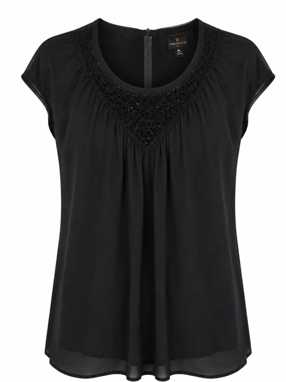 Worthington Black Cap-Sleeve Crochet Yoke Top